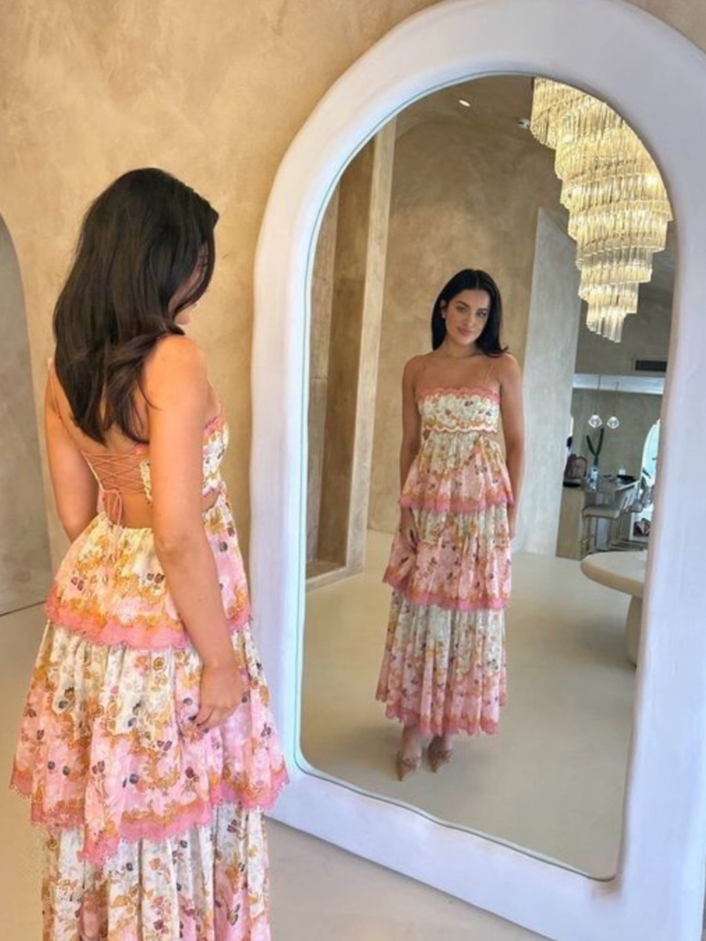 Strapless Pink Floral Tiered Maxi Dress